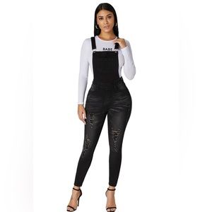 Black wash distressed jean overalls